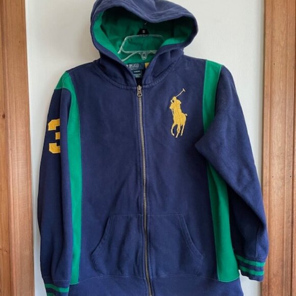 POLO RALPH LAUREN Colorblock Hoodie Blue Green Zip Front Boy L14-16 - Picture 1 of 15